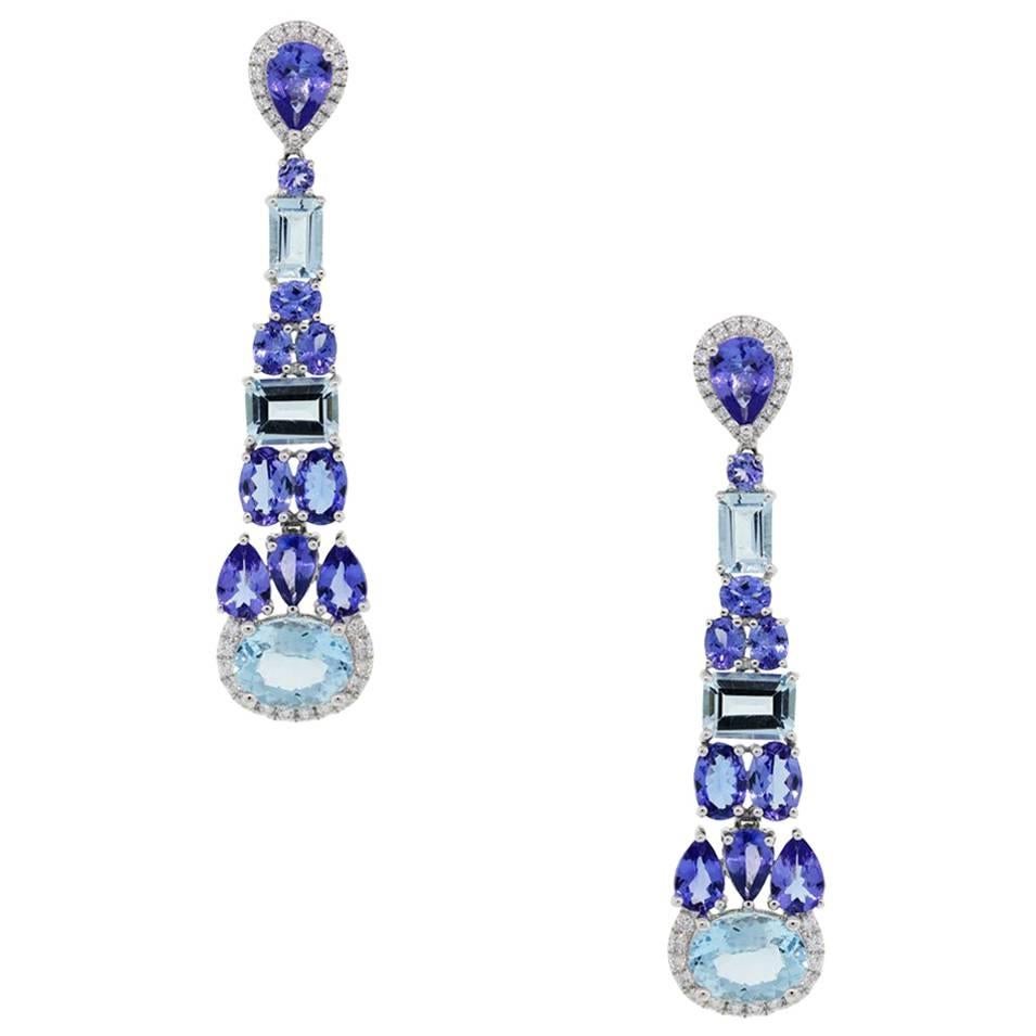 Diamond, Tanzanite, and Aquamarine Dangle Earrings