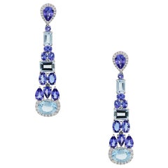 Diamond, Tanzanite, and Aquamarine Dangle Earrings