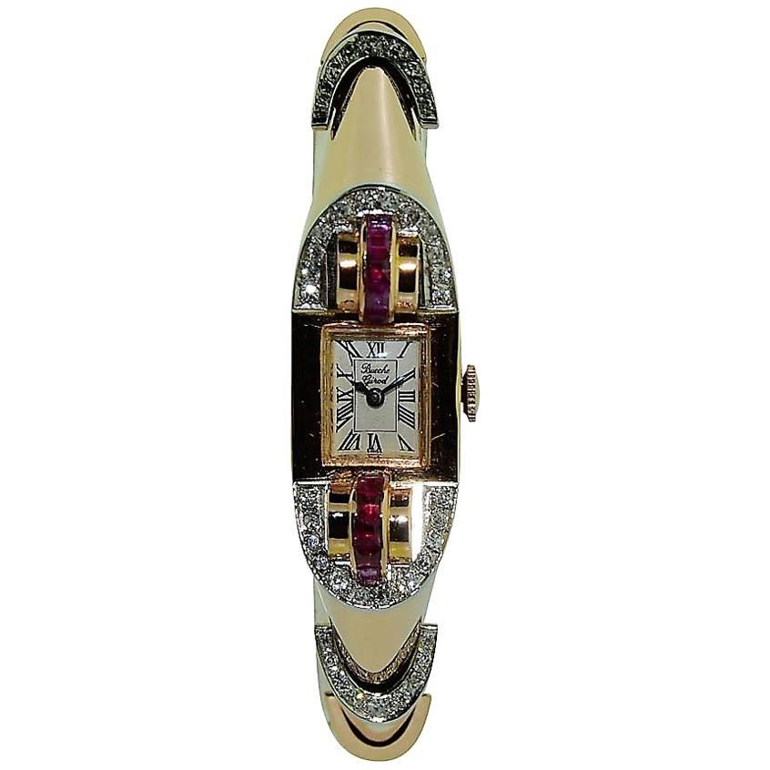 Bueche Girod Ladies Rose Gold Diamond Ruby Art Deco French Cocktail Wristwatch