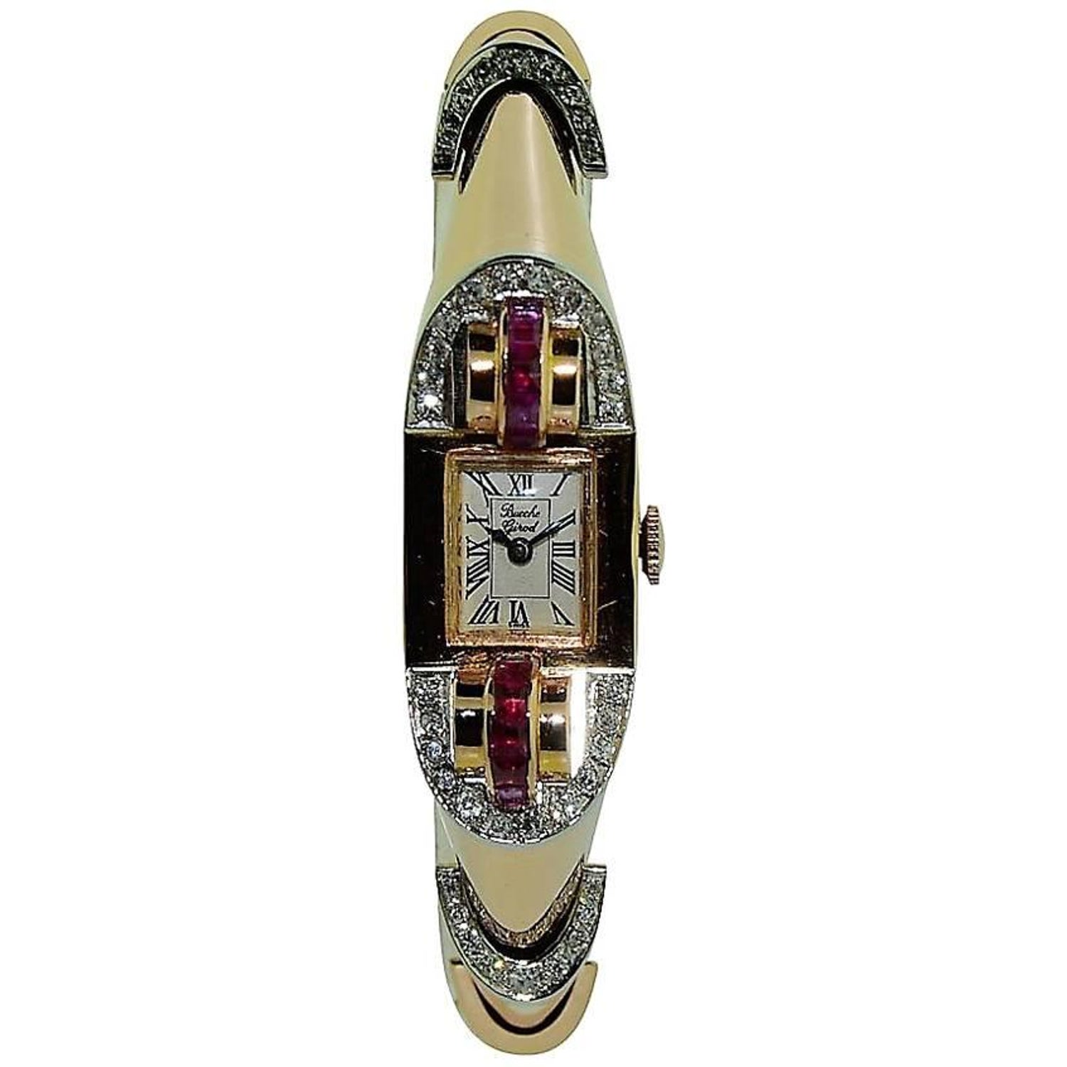 Bueche Girod Ladies Rose Gold Diamond Ruby Art Deco French Cocktail  Wristwatch at 1stDibs