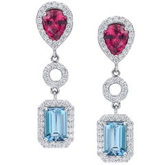 Red Spinel, Aquamarine and Diamond Statement Earrings