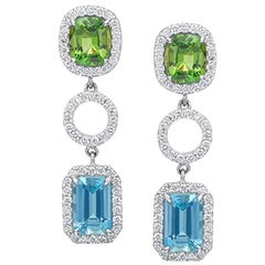 Green Tourmaline, Aquamarine and Diamond Statement Earrings
