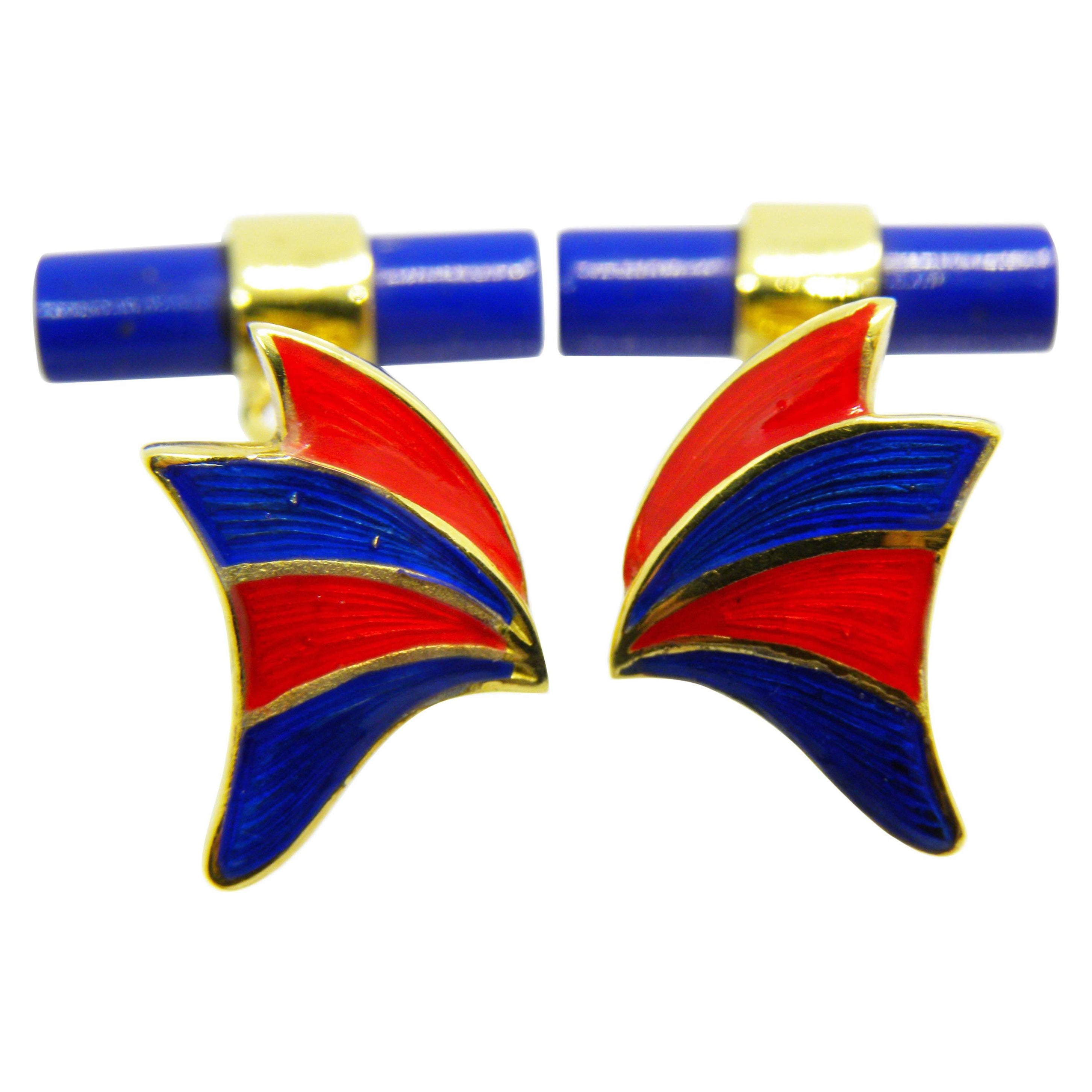 Berca Enameled Butterfly Shaped Lapis Stick Back 18 Carat Yellow Gold Cufflinks For Sale