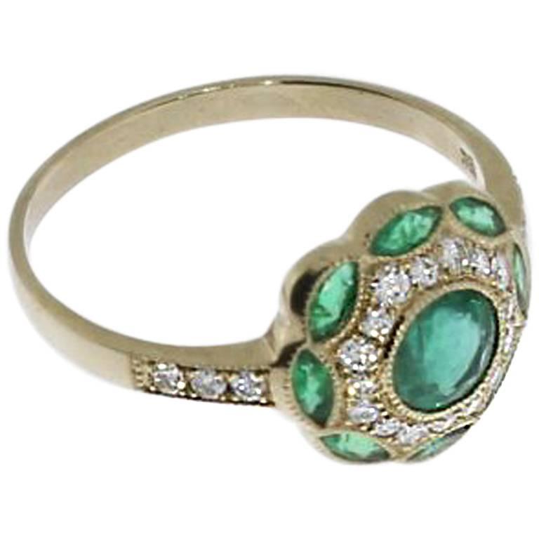 Emerald and Diamond Floral Gold Ring