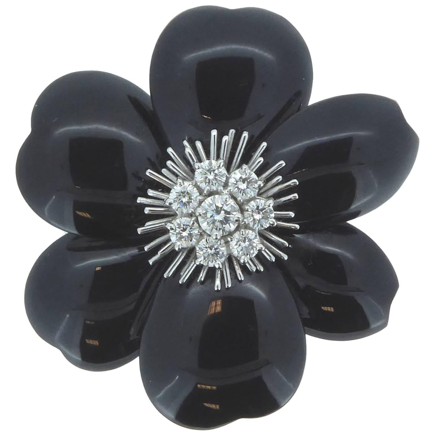 Van Cleef & Arpels Rose De Noel Diamond and Onyx White Gold Brooch