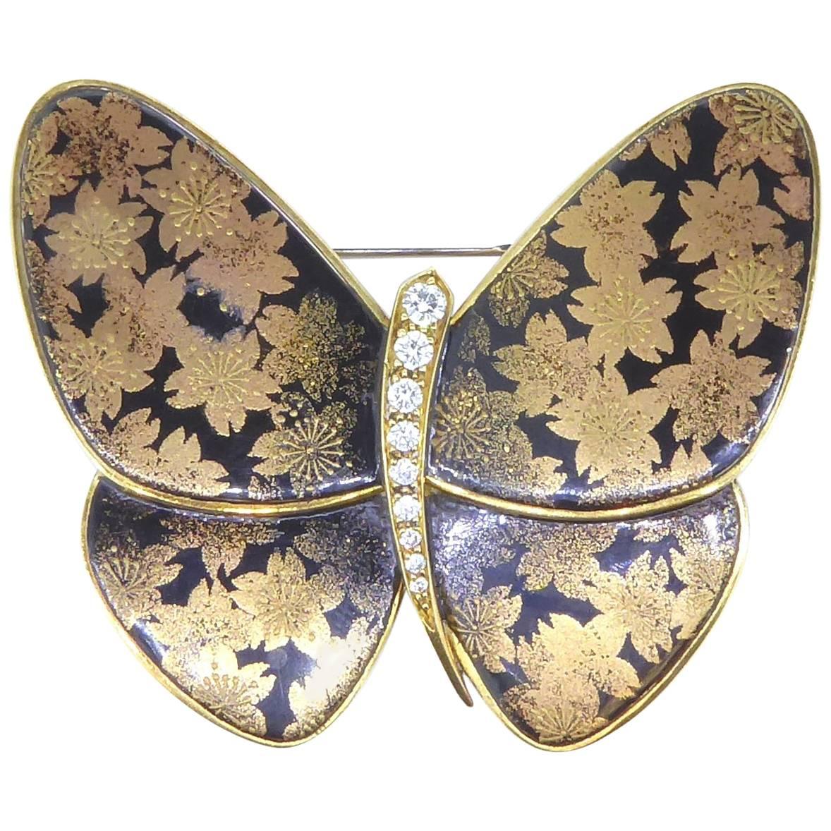 Van Cleef & Arpels & Junichi Hakose Gold Diamond and Lacquer Butterfly Brooch