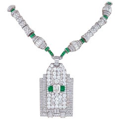 Henri Picq French Art Deco Diamond Emerald and Platinum Necklace-Pendant