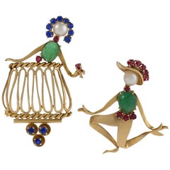 Cartier Retro 'Romeo and Juliet' Jeweled Brooches