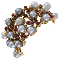 René Boivin Paris 1980s Pearl Ruby Diamond and Gold Bracelet