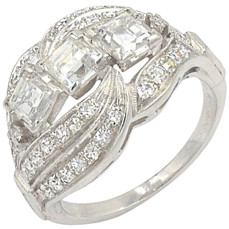 Vintage Three-Square Diamond and Platinum Ring, circa 1930 For Sale