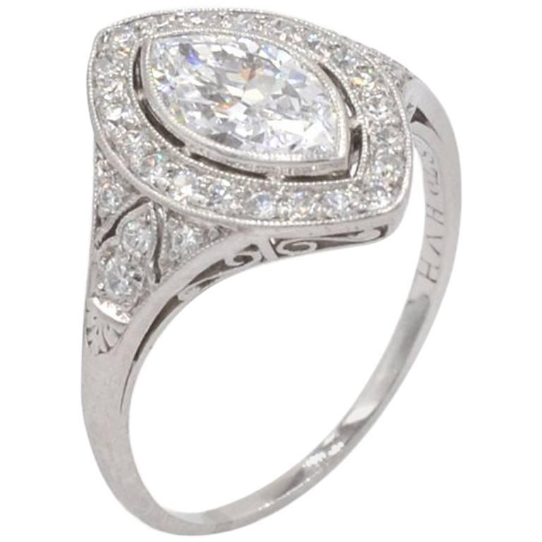 0.94 Carat Marquise Golconda Diamond Platinum Engagement Ring, circa 1930 For Sale