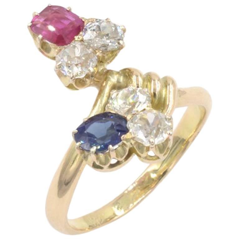 Antique Russian Diamond, Sapphire, Ruby 14 Karat Yellow Gold Ring For Sale