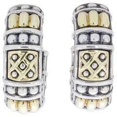 Lagos Caviar Sterling Silver and 18 Karat Yellow Gold Deco Hoop Earrings