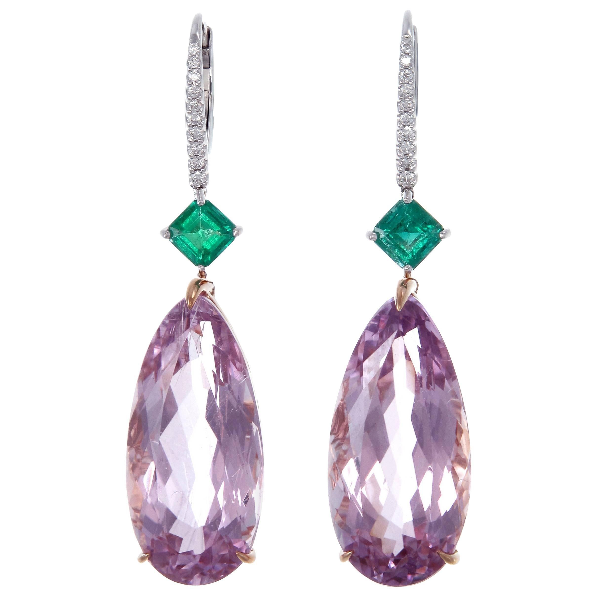 37.82 Carat Pear Kunzites Emeralds 18 Karat Gold Drop Earrings For Sale
