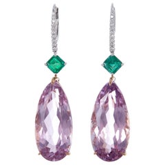 37.82 Carat Pear Kunzites Emeralds 18 Karat Gold Drop Earrings