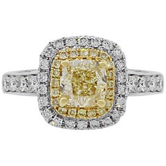 1.12 Carat Fancy Yellow Cushion Cut Diamond Halo Engagement Ring