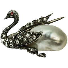 Antique Swan Diamond and Natural Pearl Brooch