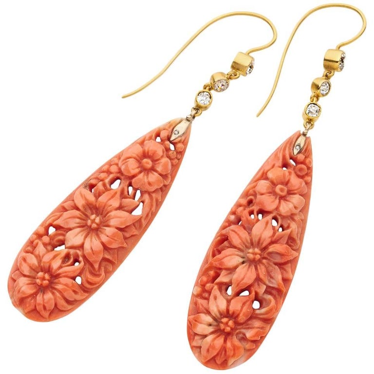 Antique Yellow Gold Carved Natural Coral Diamond Drop Earrings at 1stDibs