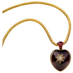 Antique Victorian Yellow Gold Cabochon Garnet Diamond Heart Locket Necklace