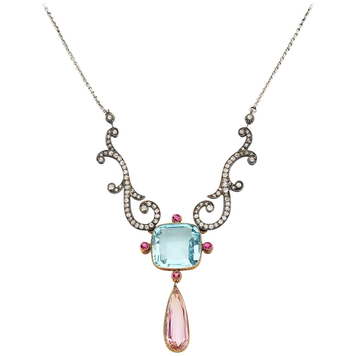 Belle Epoch Yellow Gold Silver Aquamarine, Pink Topaz, Ruby, Diamond Necklace For Sale