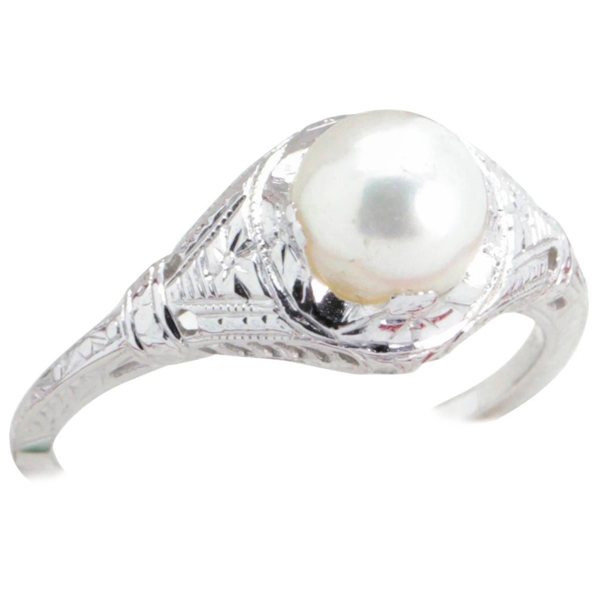 Antique Art Deco Pearl and Filigree Engagement or Cocktail Ring For Sale