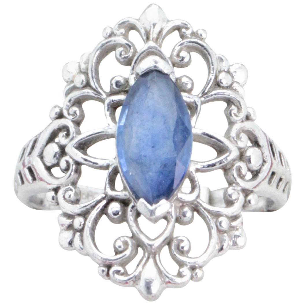 Platinum Vintage Marquise-Cut Sapphire and Filigree Ring For Sale