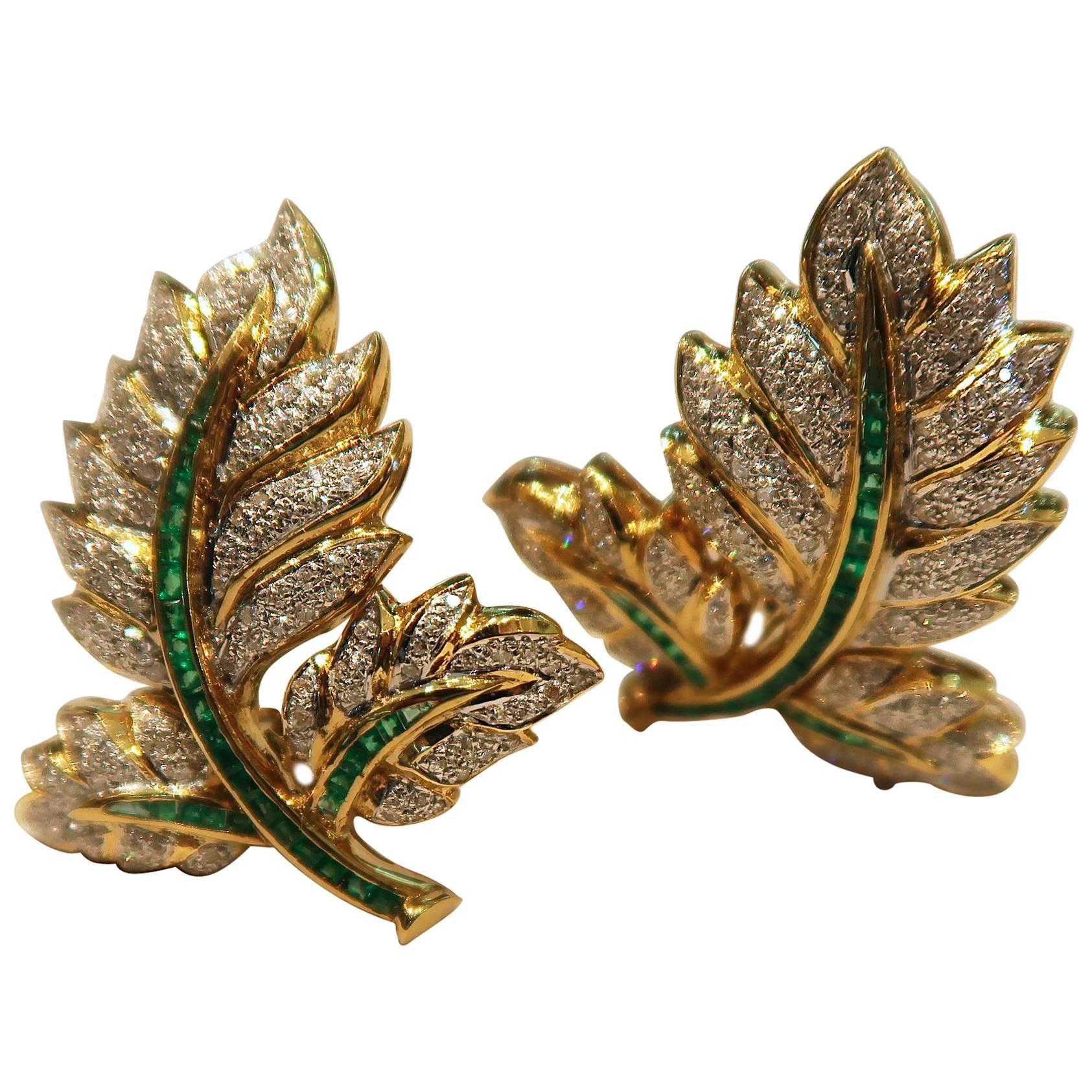Leaf Baguette Emerald Pave Diamond Gold Clip on Foldable Post Earrings