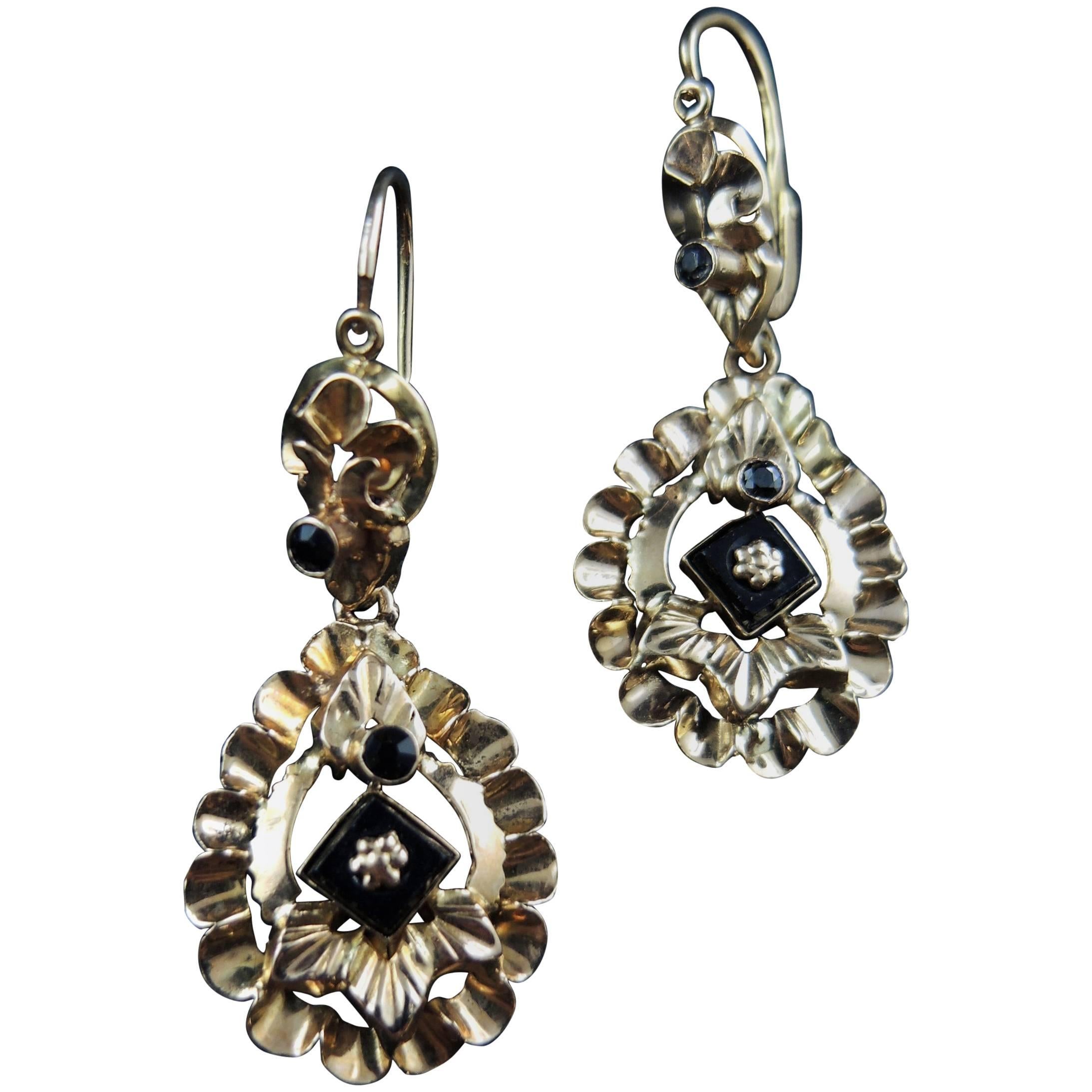 Antique Gold Earrings with Onyx, circa 1940