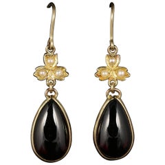 Antique Victorian Garnet and Pearl Long Gold Earrings, circa 1890