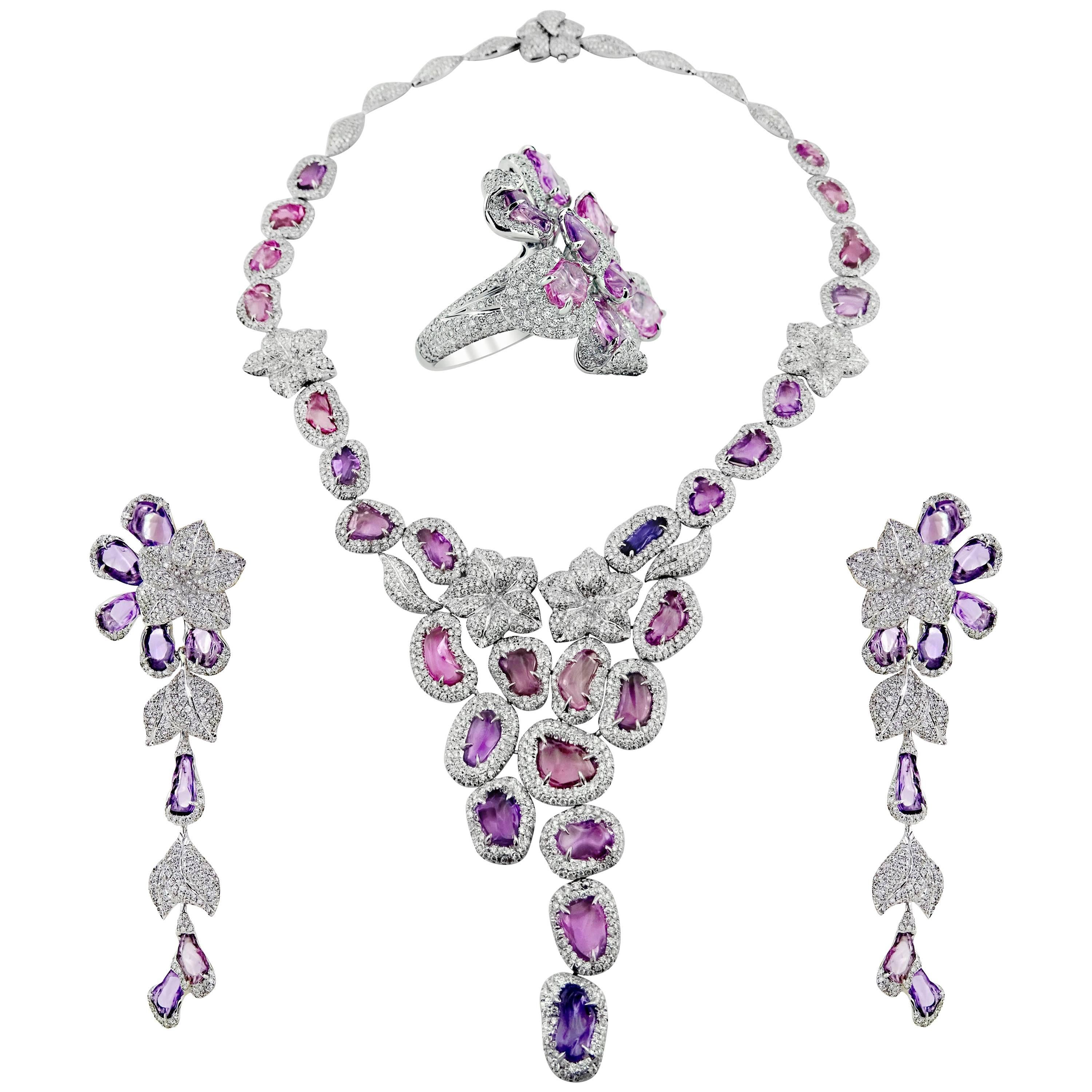 IGI White Gold Fancy Pink and Purple Sapphire 83.30 ct and Diamonds Set