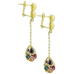 Yellow Gold Hoop with Multicolored Stones Earrings
