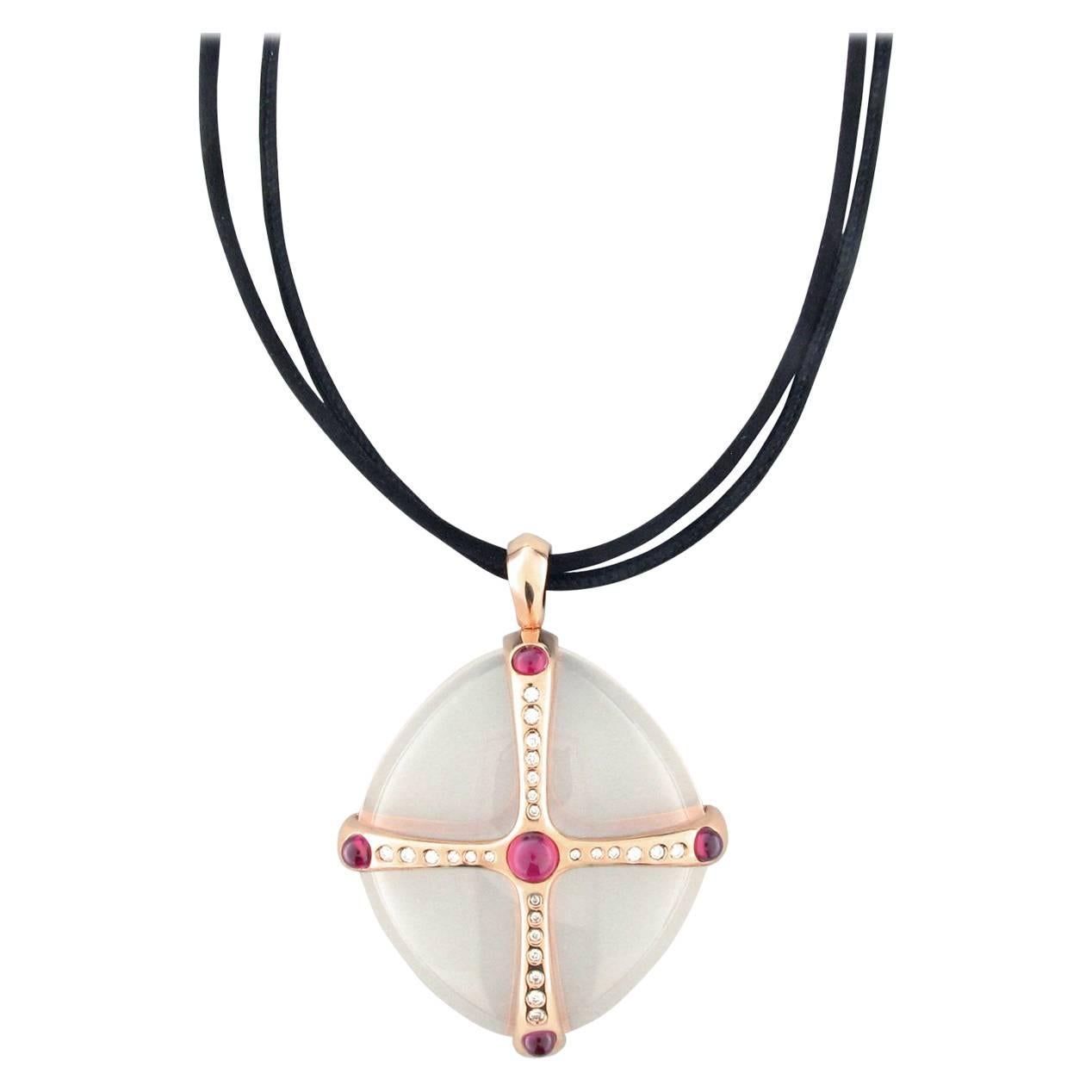 Gavello Rose Gold Diamond, Ruby and Rock Crystal Contemporary Pendant For Sale