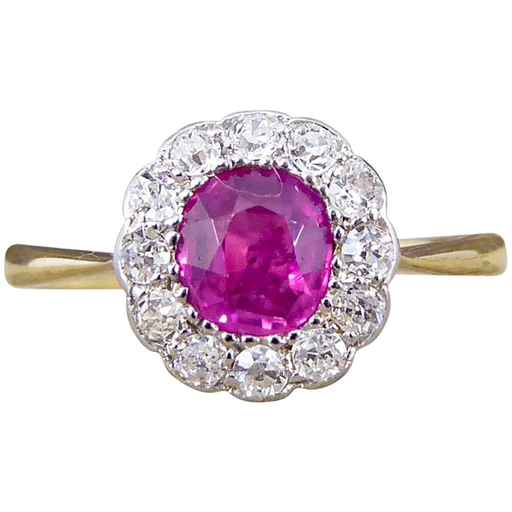 Antique Ruby and Diamond Engagement Cluster Ring in 18 Carat Gold and Platinum