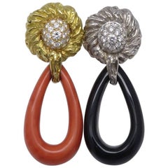 1975s Chaumet Coral Onyx Diamond Gold Clip Earrings