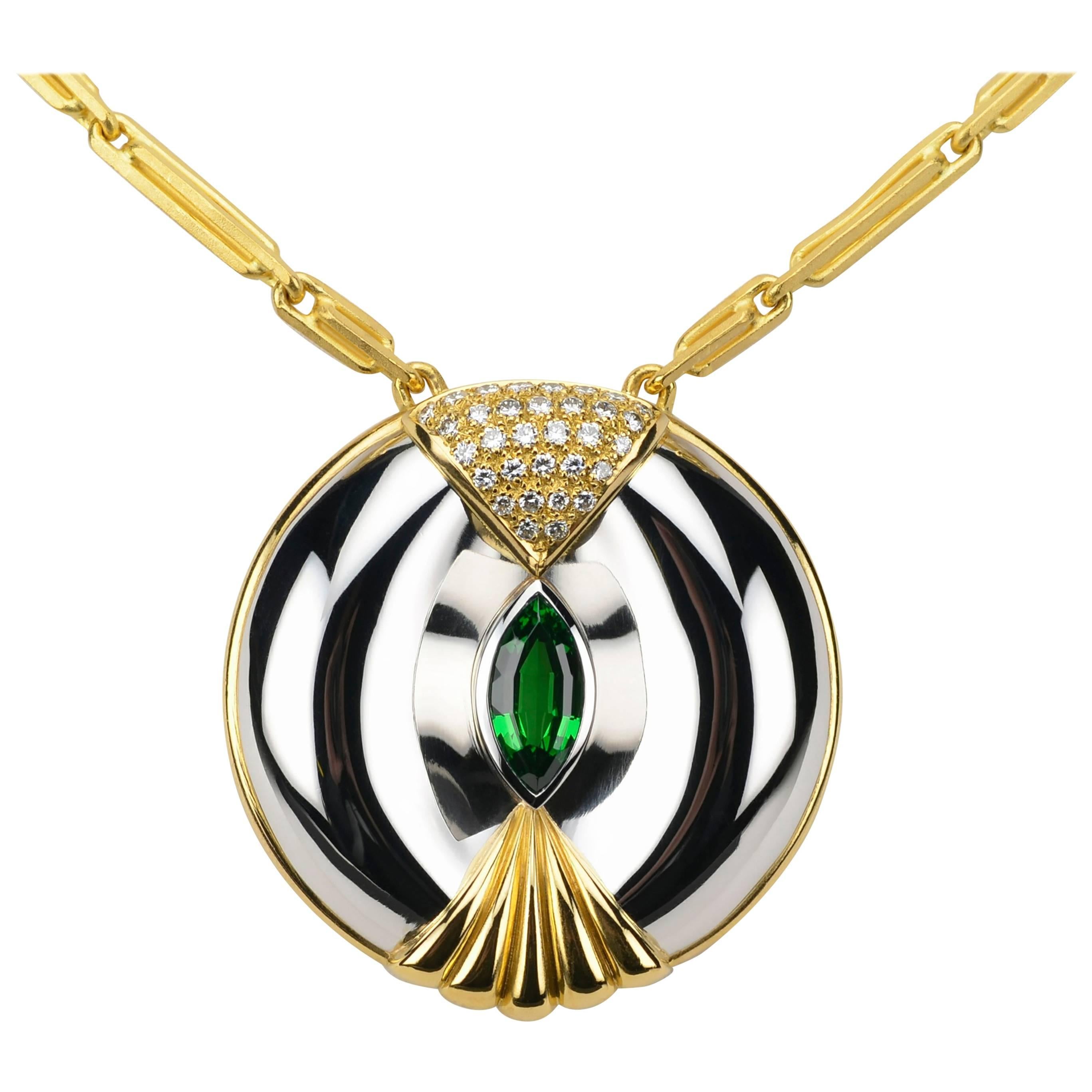 Modernist Inspired Kenyan Tsavorite Garnet Choker Necklace in Platinum and Gold For Sale