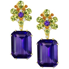 Amethyst Peridot Garnet Diamond Gold Drop Earrings One of a Kind