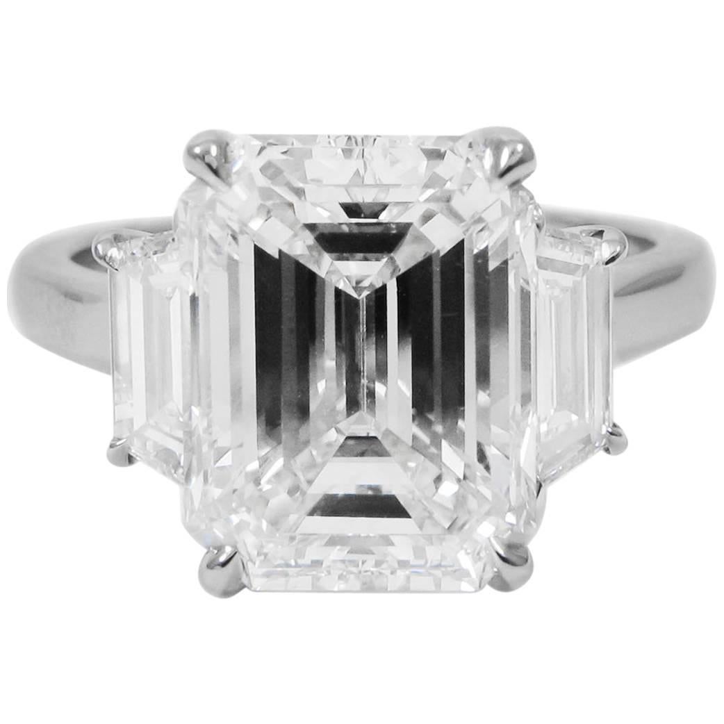 GIA Certified 4.77 Carat Emerald Cut Platinum Three-Stone Ring