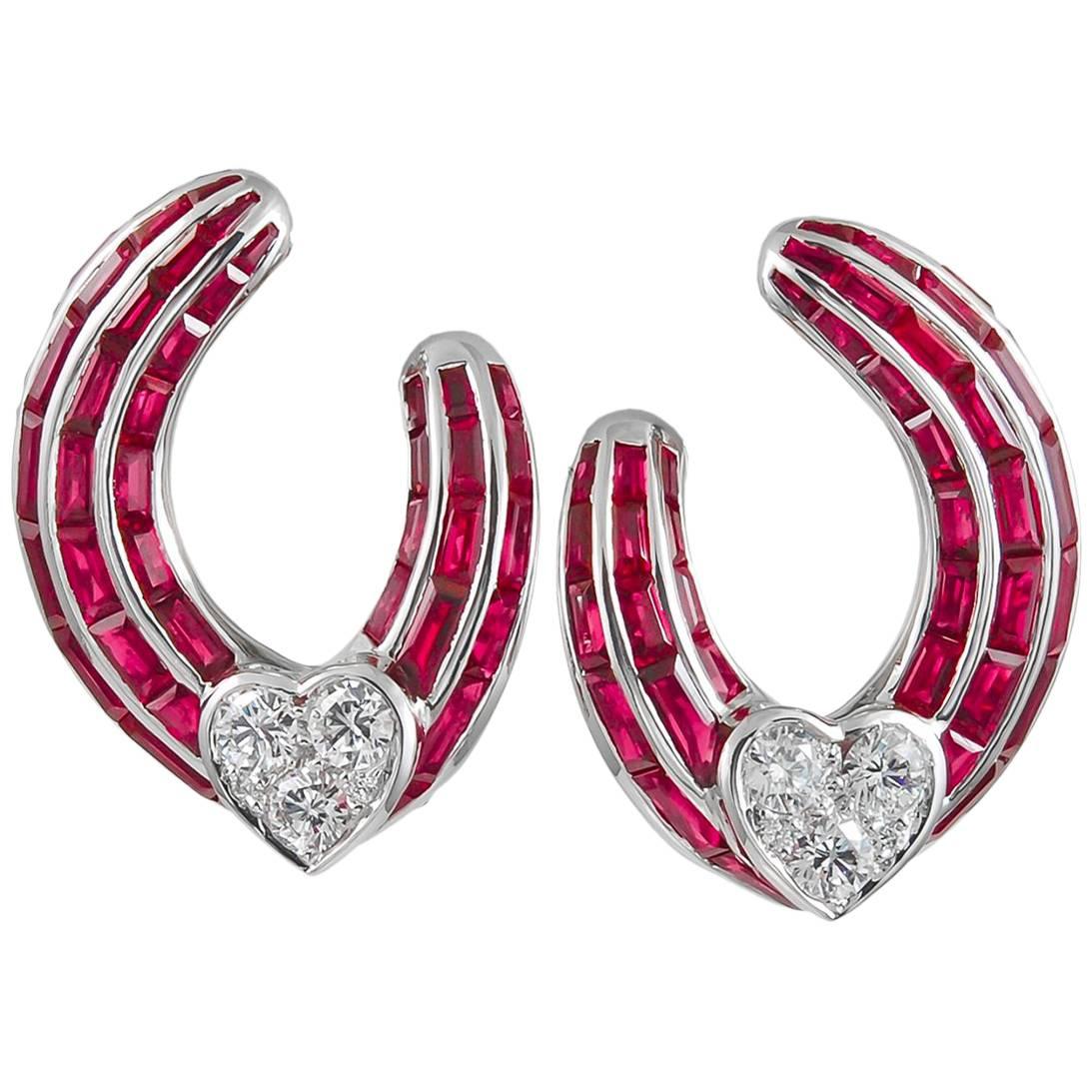 Graff Ruby Diamond Heart Hoop Earrings For Sale