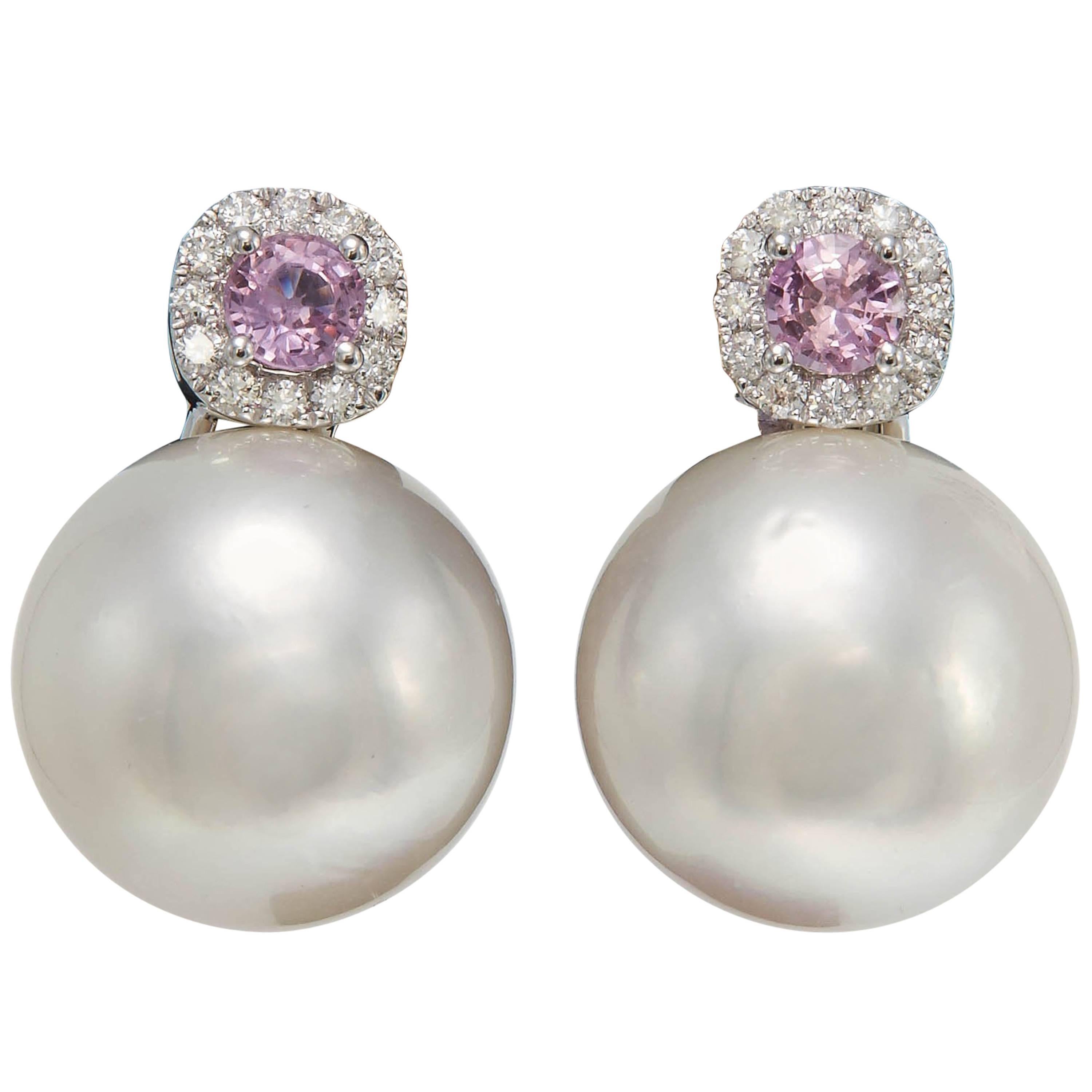 South Sea Pearl and Pink Sapphire and Diamond Drop Earrings