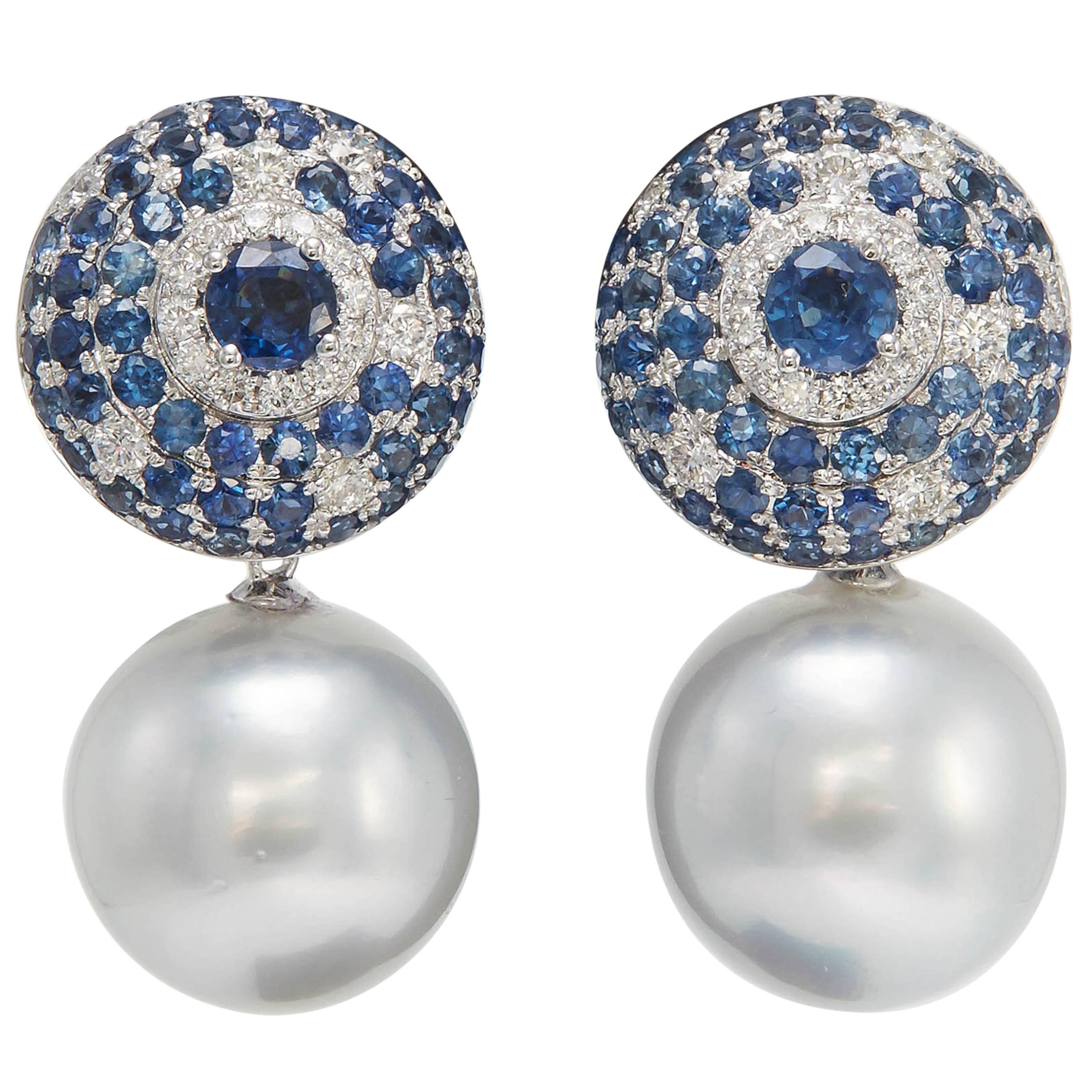 South Sea Pearl with Sapphire and Diamond Drop Earrings 5.53 Carats 18K