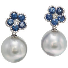 Sapphire Flower and Diamond and South Sea Pearl Drop Earrings