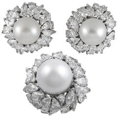 Platinum South Sea Pearl and Diamond Earrings Suite