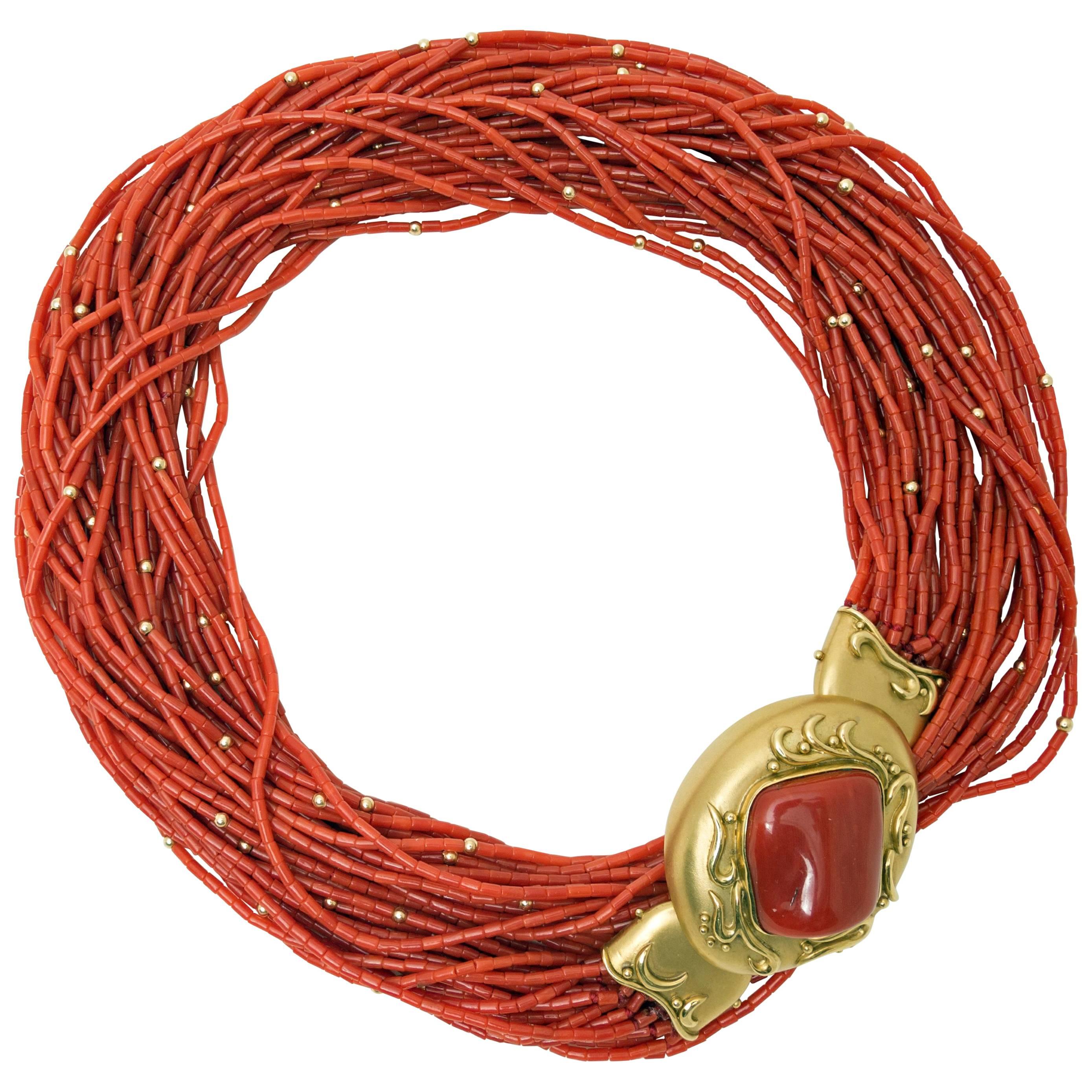 1970s Natural Red Coral  Gold Opera Length Necklace