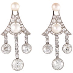 Diamond and Pearl Platinum and 18 Karat Yellow Gold Chandelier Earrings