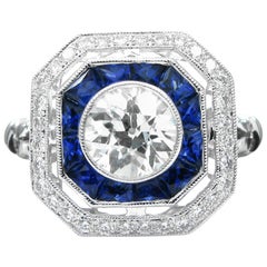 Old European Cut Diamond Sapphire White Gold Dinner Ring