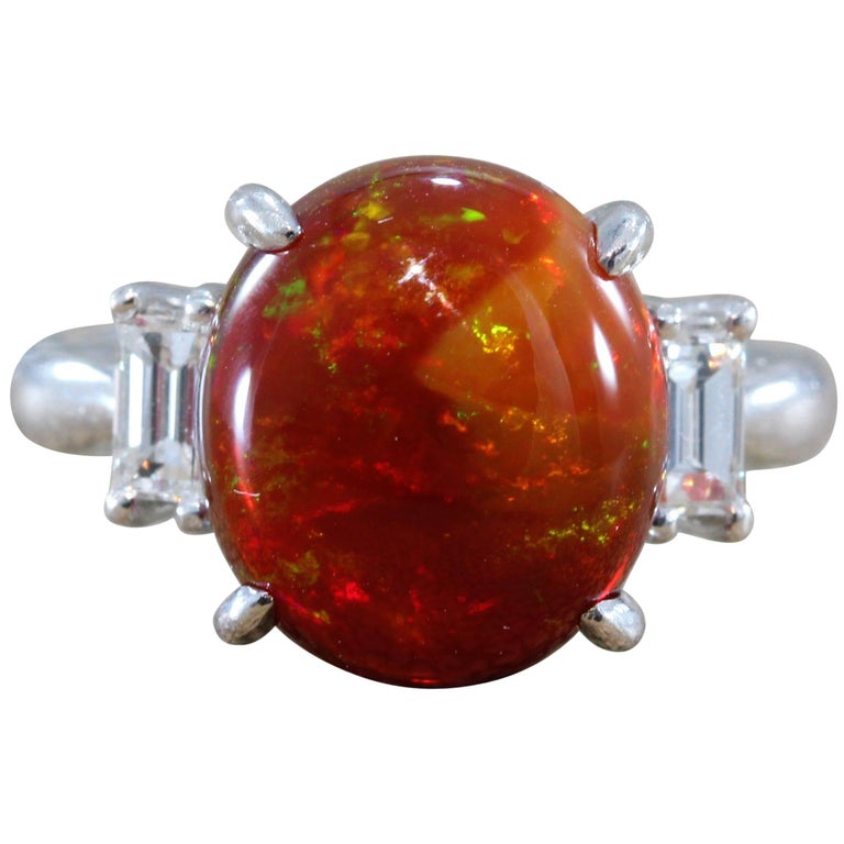 Fire Opal Diamond Platinum Ring For Sale at 1stDibs