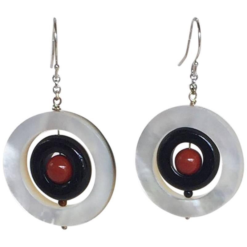 Coral, Black Onyx, Mother-of-Pearl Earrings with 14 Karat Gold Chain and Hook