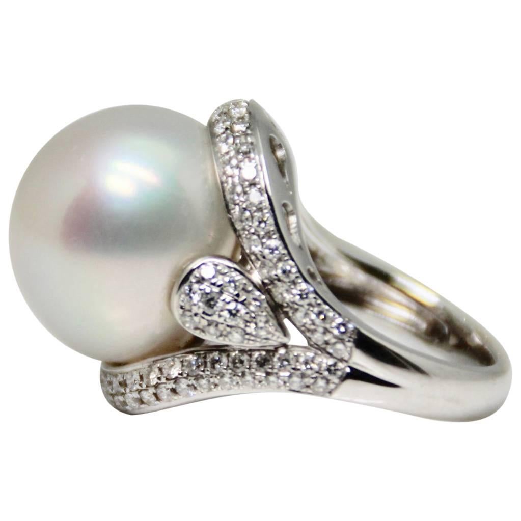 Large South Sea Pearl and Diamond Cocktail Ring For Sale