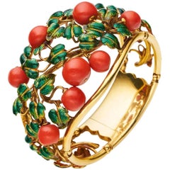Yellow Gold Natural Coral Enamel Cuff