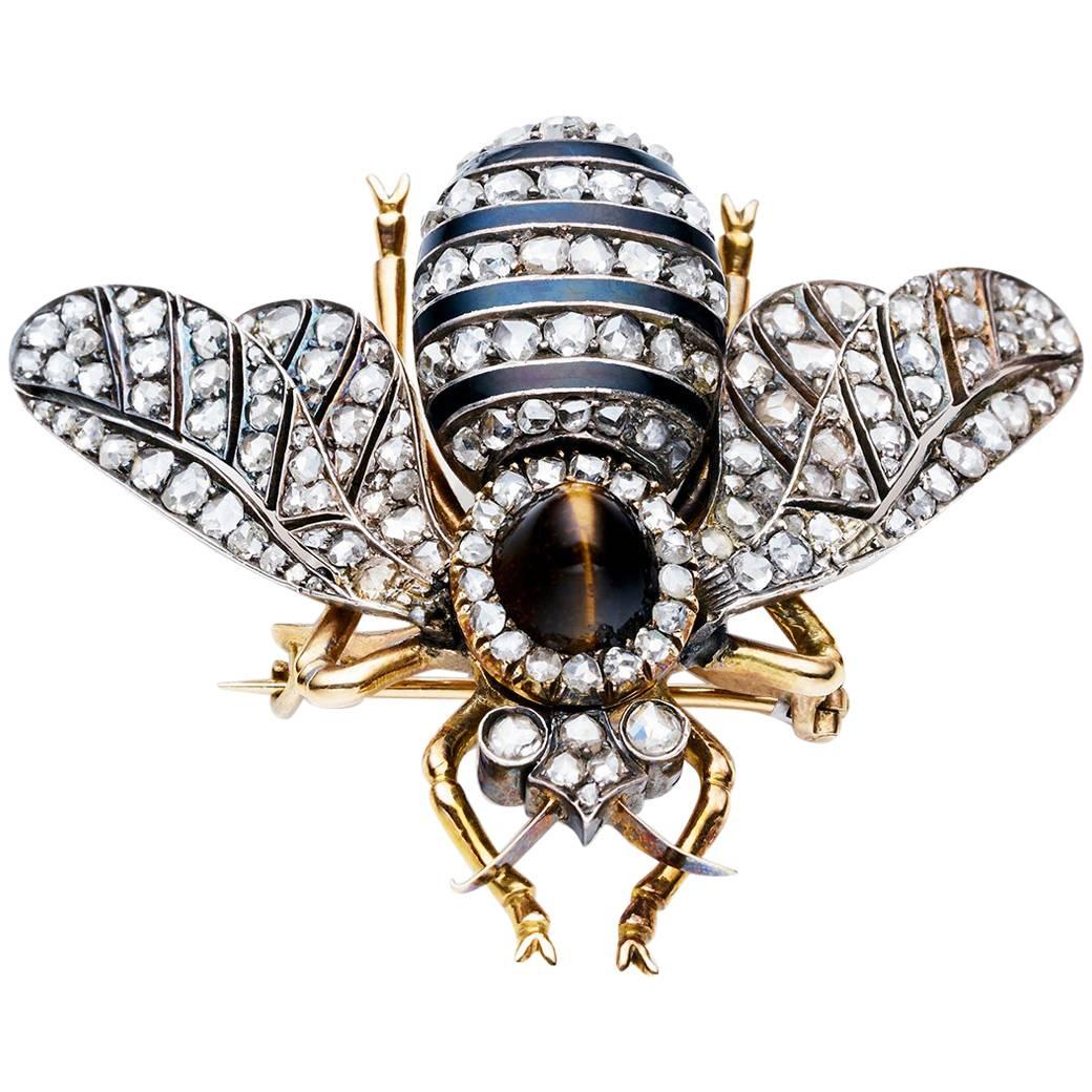 Victorian Rose Gold Silver Diamond Enamel Tiger's Eye Bee Brooch For Sale